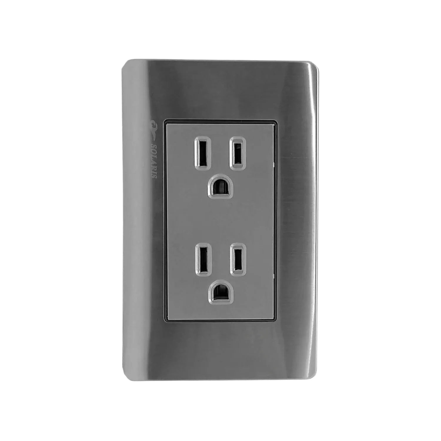 Tomacorriente doble Solaris gris cromo, placa eléctrica con 2 contactos polarizados