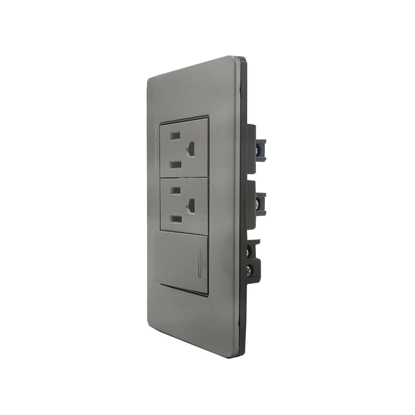 Placa eléctrica Solaris gris cromo con 2 tomacorrientes y 1 interruptor de luz