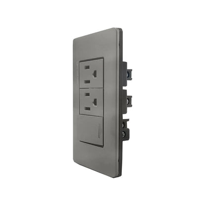Placa eléctrica Solaris gris cromo con 2 tomacorrientes y 1 interruptor de luz