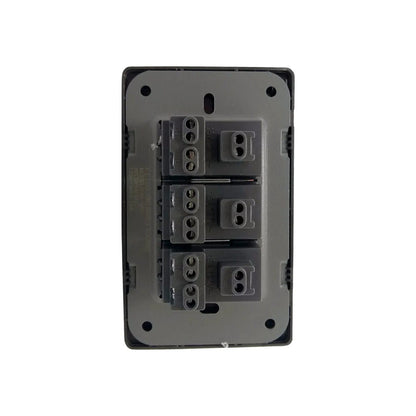 Placa eléctrica Solaris AL613NG, vista posterior con 3 contactos, 15A 125V, para cableado e instalación eléctrica, gris