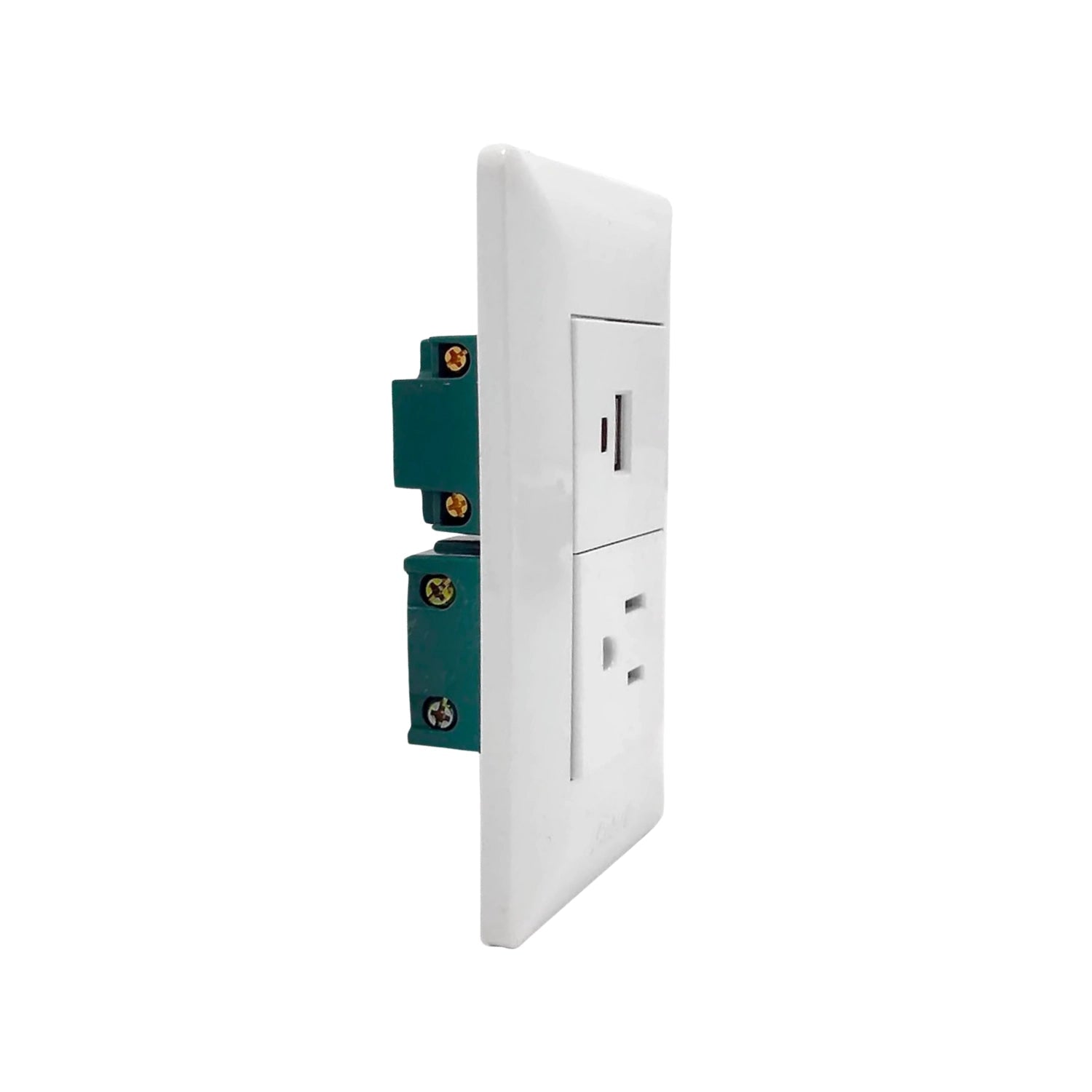 Placa eléctrica de pared blanca con 1 contacto y 1 puerto USB para carga de dispositivos, vista lateral.