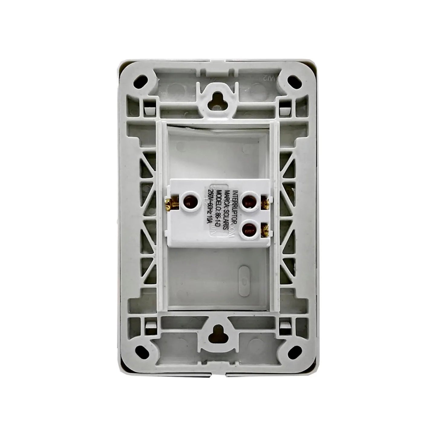 Módulo interruptor de escalera Solaris blanco 250V 10A, vista trasera para instalación eléctrica.