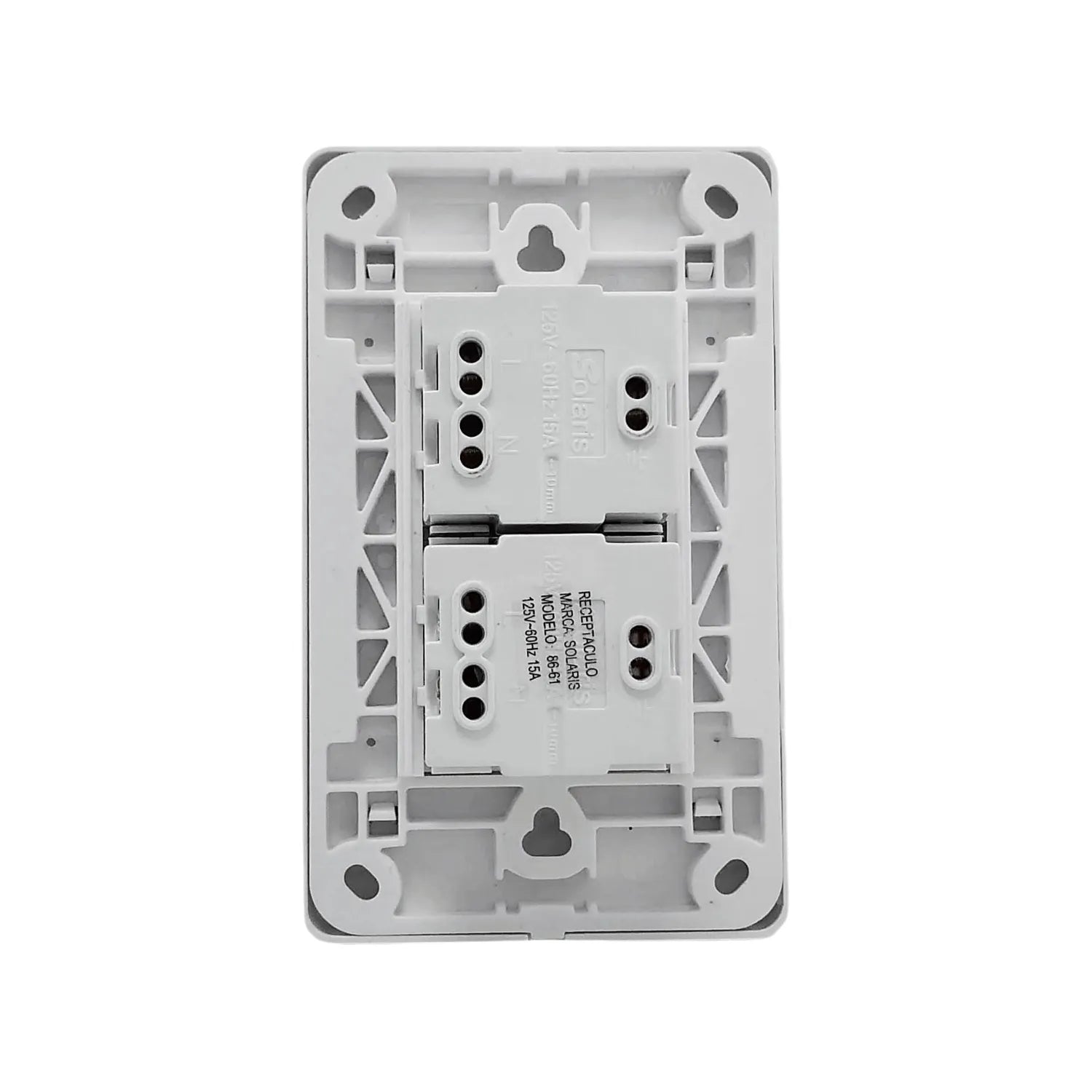 Placa eléctrica doble 2 contactos Solaris blanca 15A 125V modelo 86-61, vista posterior con terminales de conexión