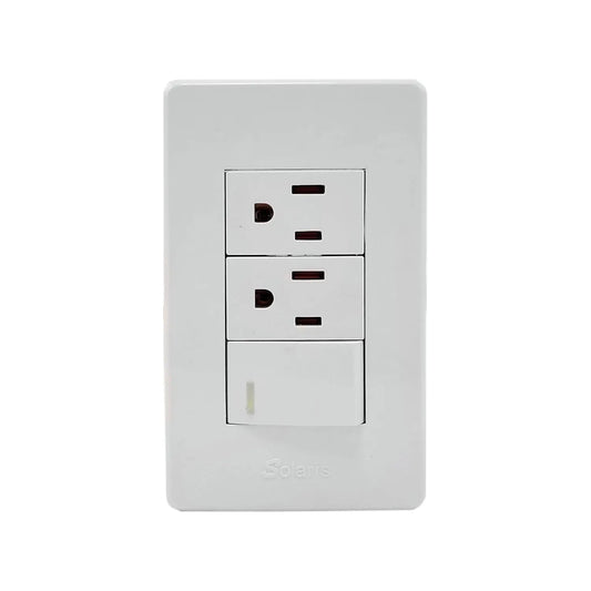 Placa eléctrica combinada blanca Solaris con 2 tomas de corriente y 1 interruptor de palanca.