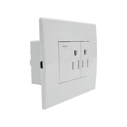 Placa eléctrica blanca de pared con 1 apagador push y 2 contactos polarizados