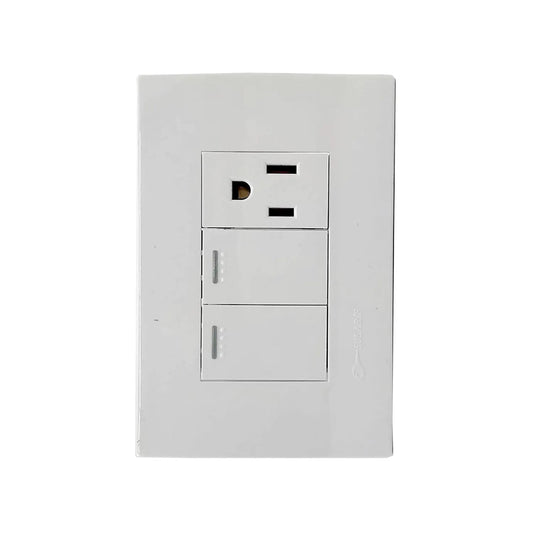 Placa de pared blanca Solaris con un contacto eléctrico polarizado y dos interruptores de luz.