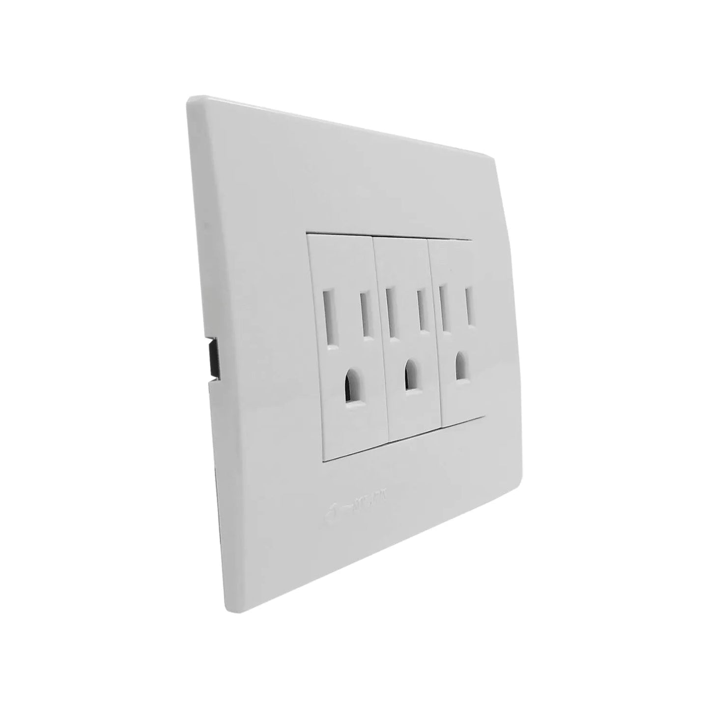 Placa de pared blanca con tres contactos eléctricos polarizados para enchufes