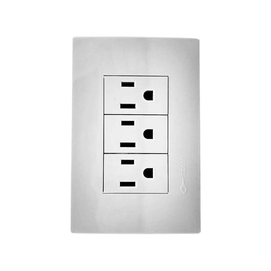 Placa eléctrica blanca Solaris de 3 contactos polarizados para pared, conexión segura y resistente.