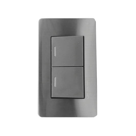 Placa 2 apagadores de luz Solaris gris cromo. Interruptor eléctrico de pared con acabado metálico.