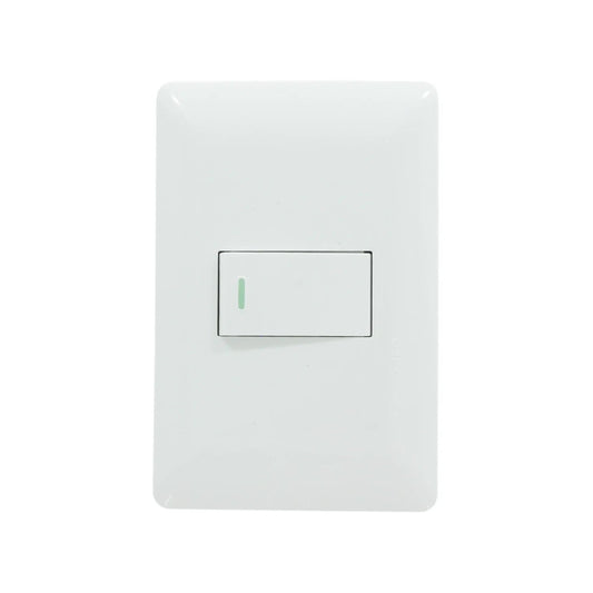 Placa blanca con 1 apagador de escalera tipo rocker, con indicador LED verde, para control de iluminación.