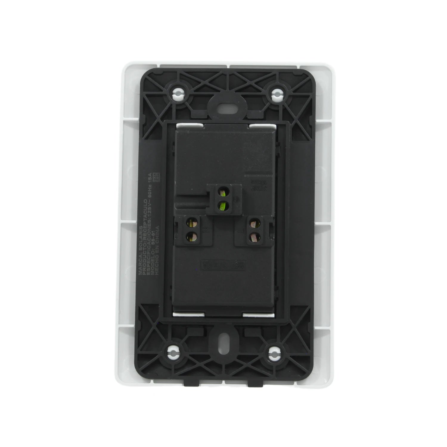 Receptáculo dúplex Solaris 88-61 blanco 15A 125V. Contacto eléctrico posterior con conexiones para instalación.