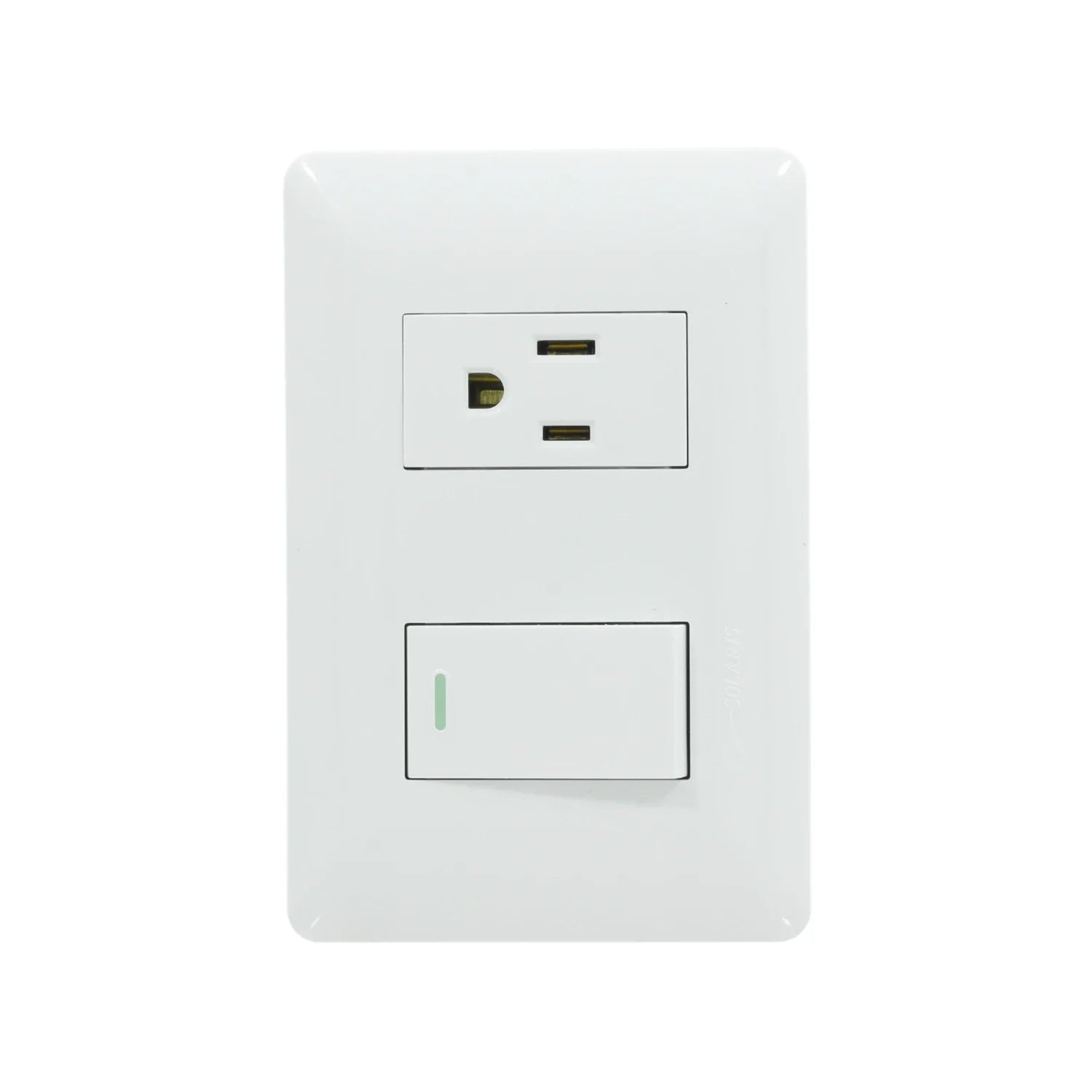 Placa eléctrica blanca Solaris con contacto aterrizado y apagador de luz tipo escalera con indicador LED