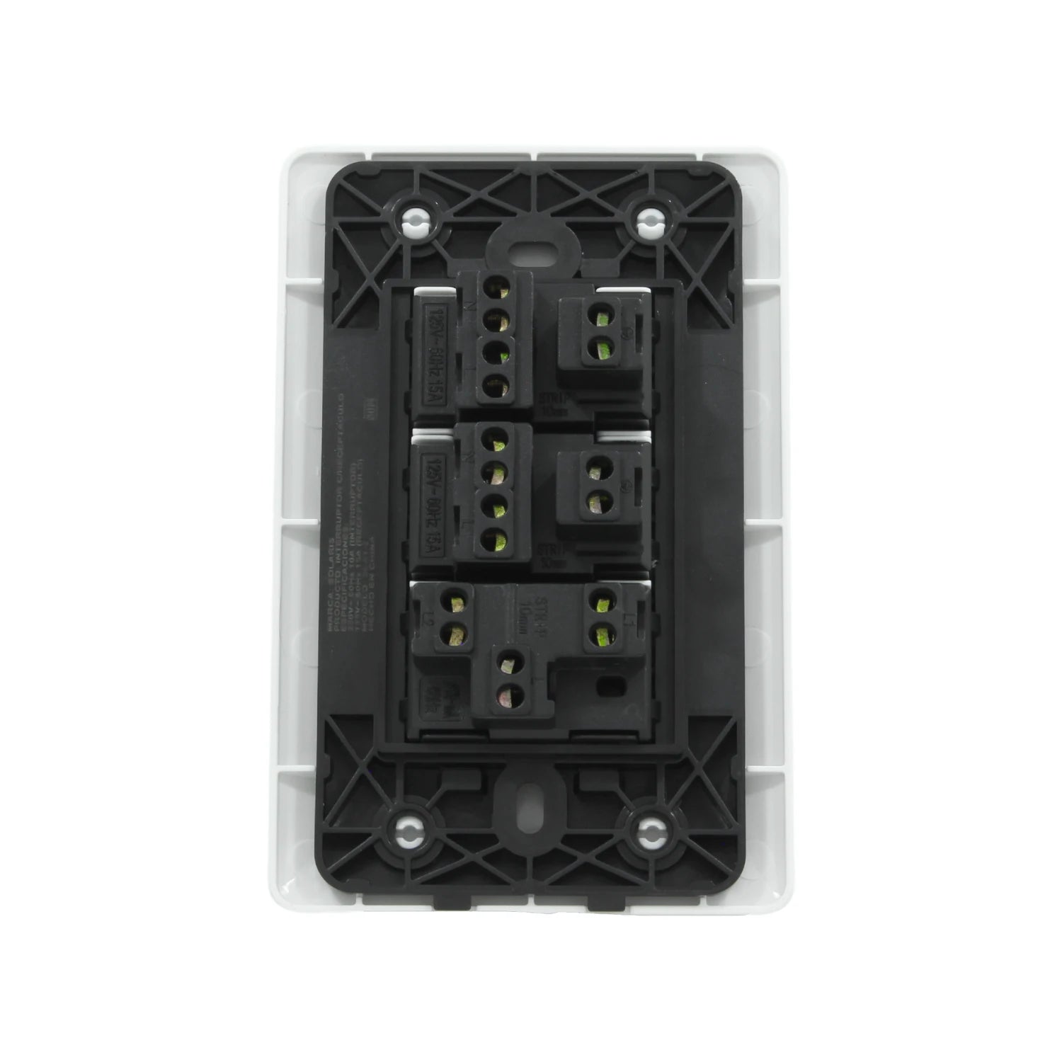 Placa eléctrica blanca vista trasera con un apagador y dos contactos polarizados 125V 15A, para instalación.