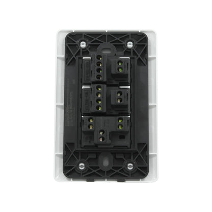 Placa eléctrica blanca vista trasera con un apagador y dos contactos polarizados 125V 15A, para instalación.