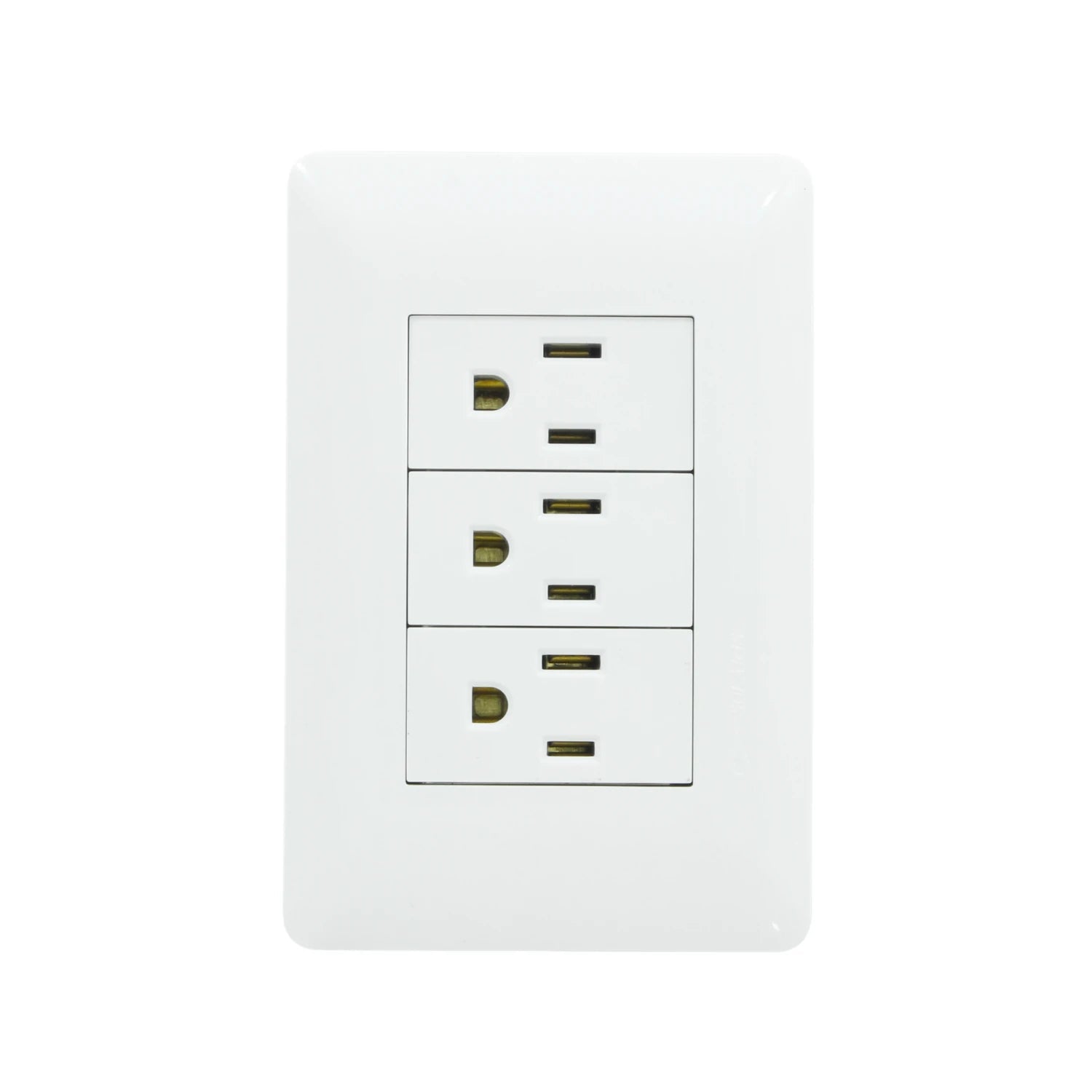 Placa de pared blanca con 3 contactos eléctricos polarizados, tomacorriente triple para instalaciones eléctricas.