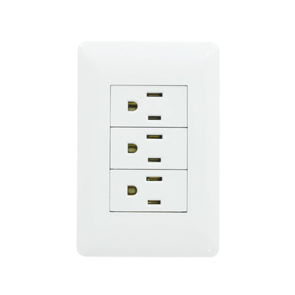 Placa de pared blanca con 3 contactos eléctricos polarizados, tomacorriente triple para instalaciones eléctricas.