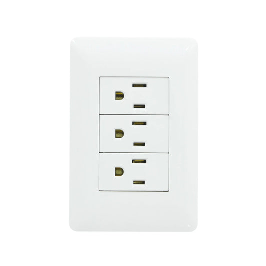 Placa de pared blanca con 3 contactos eléctricos polarizados, tomacorriente triple para instalaciones eléctricas.