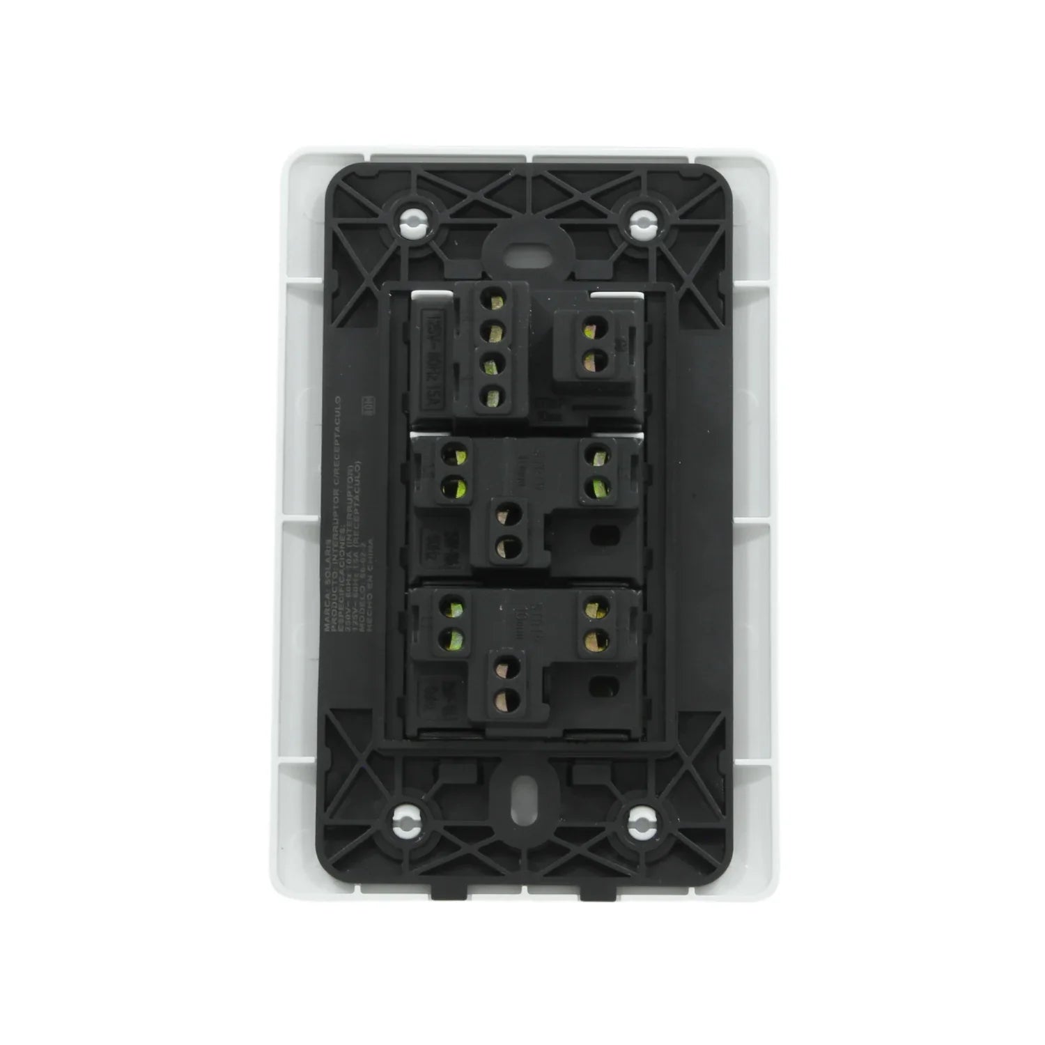 Placa blanca Solaris modelo ECO-62-2-BC con dos apagadores de escalera y un contacto eléctrico 125V 15A.