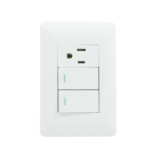 Placa eléctrica blanca con 1 contacto y 2 apagadores de escalera, ideal para instalaciones residenciales.