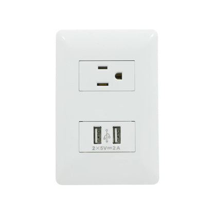Placa de pared blanca con 1 tomacorriente aterrizado y 2 puertos USB cargador 5V 2A.
