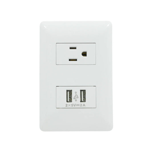 Placa de pared blanca con 1 tomacorriente aterrizado y 2 puertos USB cargador 5V 2A.