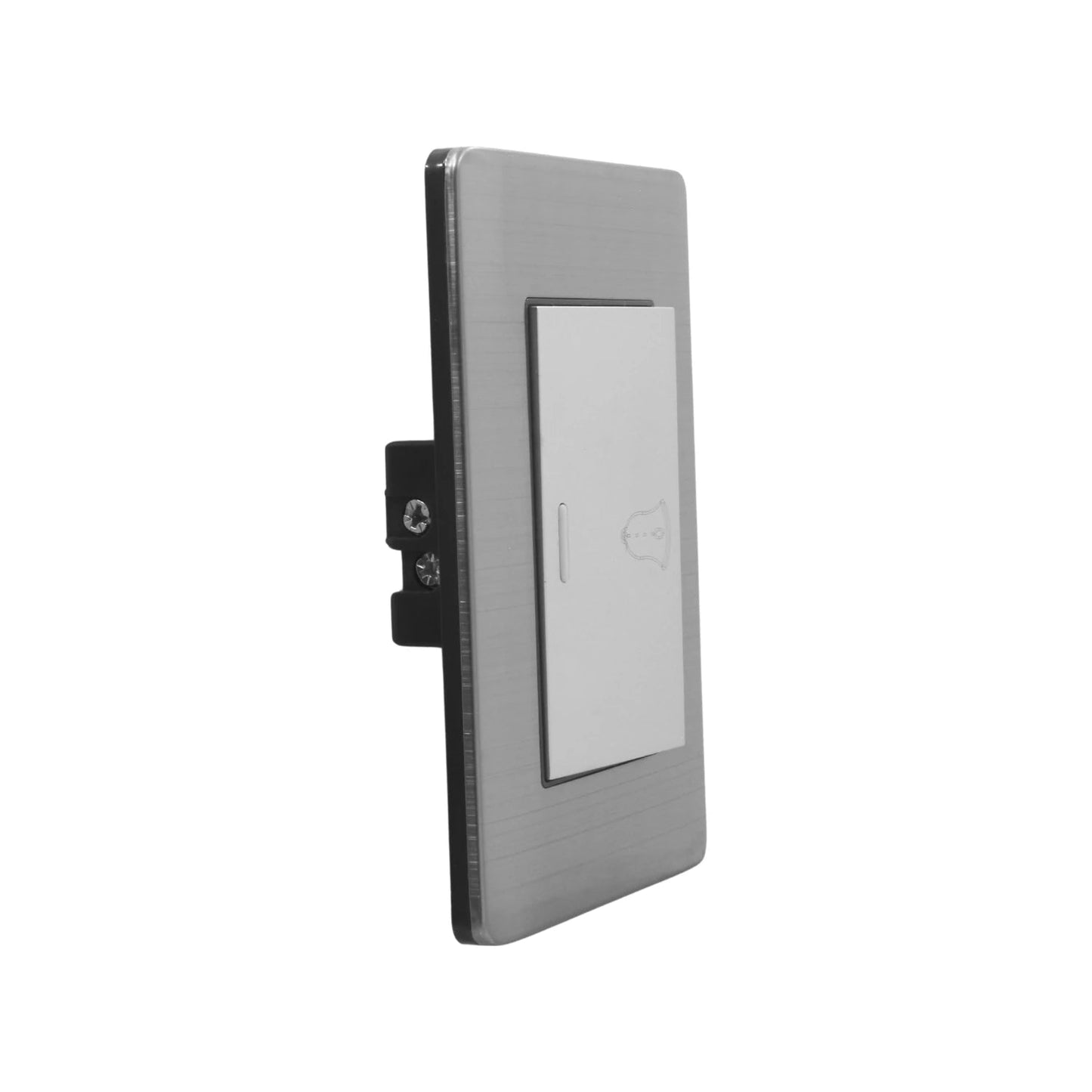 Placa de timbre moderna gris metálico, con pulsador blanco y grabado de campana para instalación eléctrica.