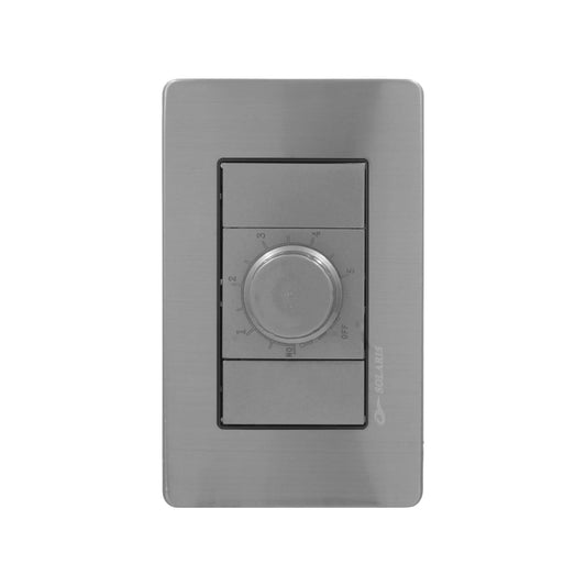 Placa gris Solaris para 1 dimmer rotatorio con ajuste de luz ON/OFF y niveles 1-5, acabado metálico