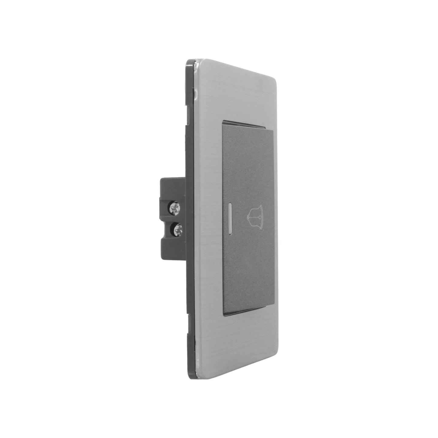 Placa de timbre con botón pulsador eléctrico, acabado de acero inoxidable plateado cepillado y símbolo de campana