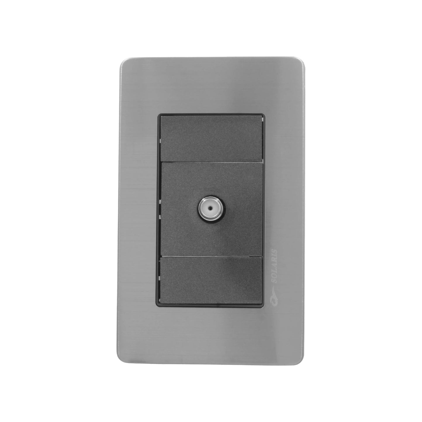 Placa de pared Solaris color plata, con módulo negro y 1 entrada para cable coaxial tipo F.