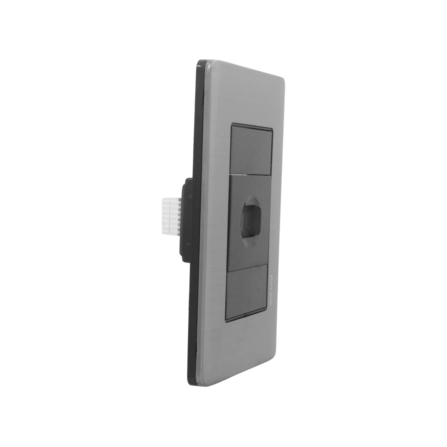 Placa de pared Solaris con una entrada telefónica sencilla, acabado gris/plata y módulos negros