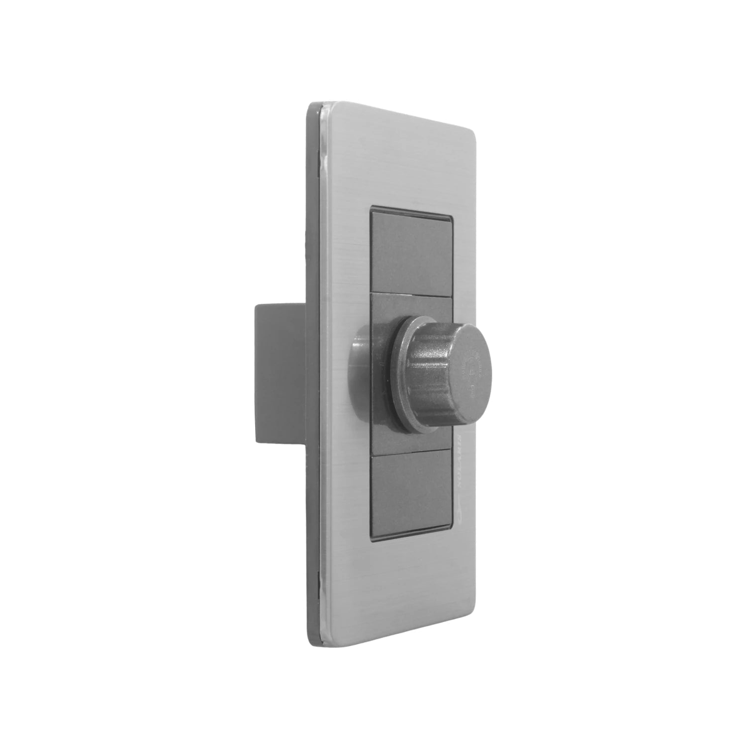Placa de pared metálica gris cepillada con regulador de luz giratorio negro y dos interruptores de palanca