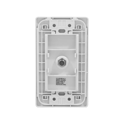 Placa de pared blanca Solaris WB-7, 1 entrada para cable coaxial de TV. Vista trasera del conector y estructura.