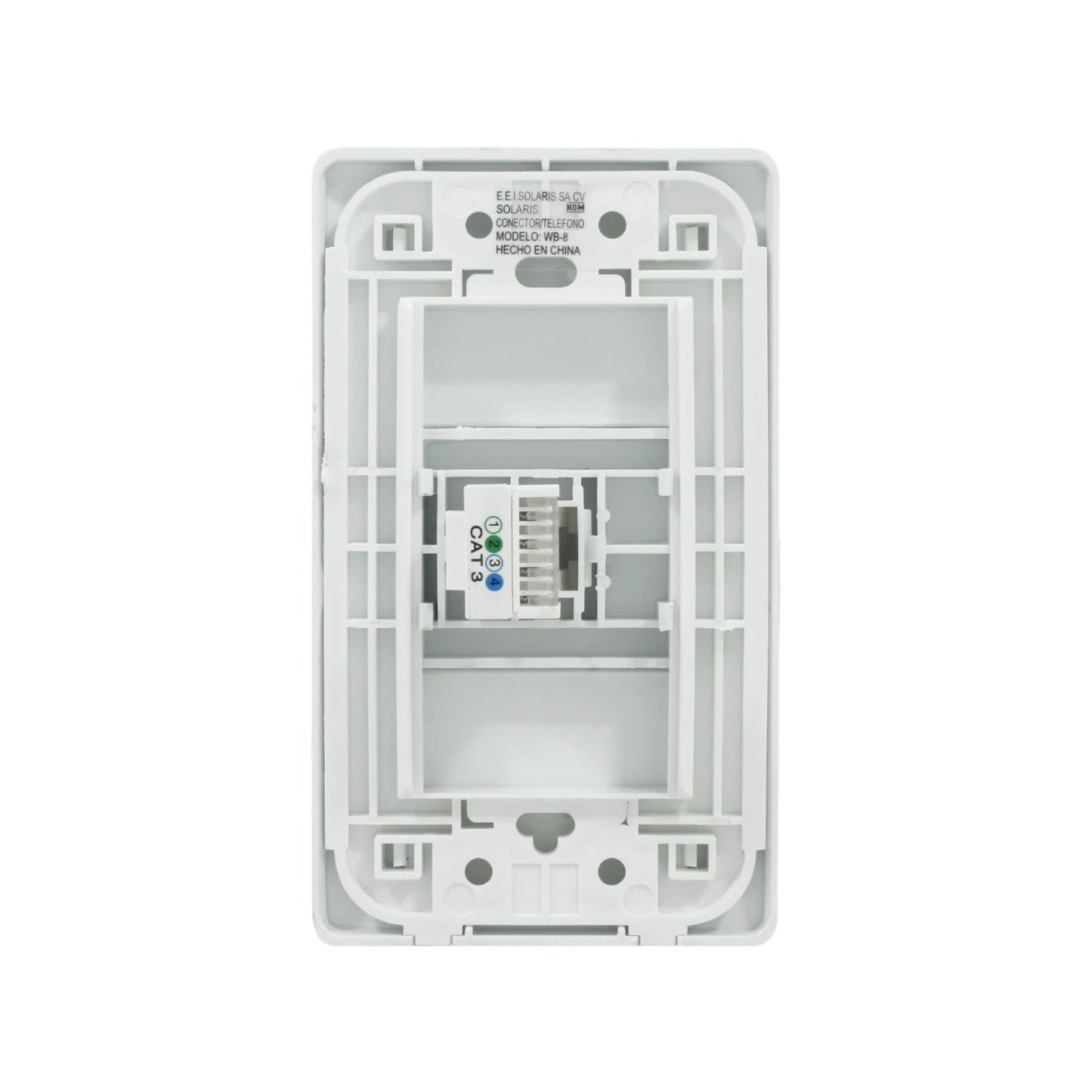Placa de pared blanca Solaris WB-8 con conector telefónico RJ11 CAT 3, vista trasera para cableado de datos.