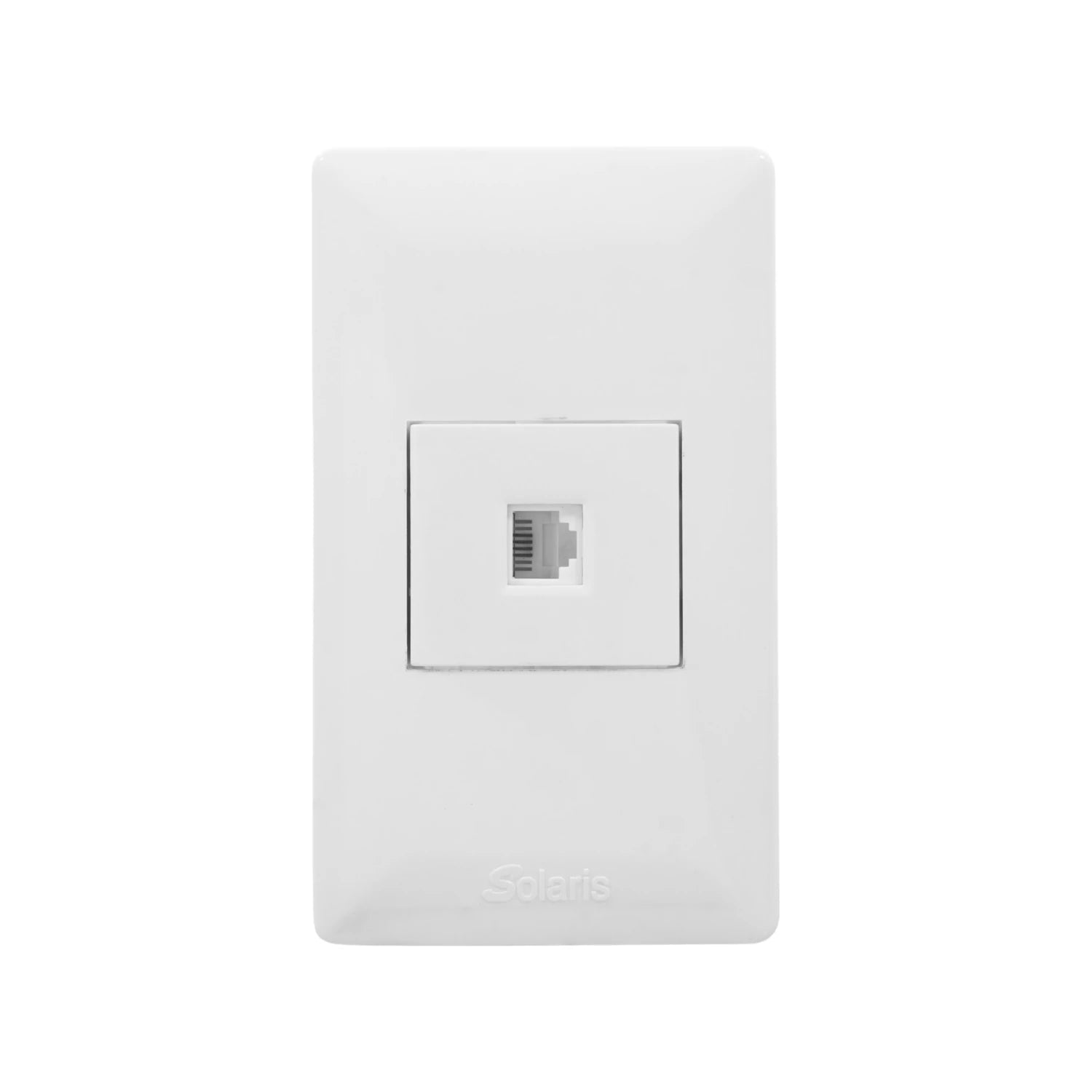 Placa de pared blanca Solaris con 1 entrada para teléfono RJ11. Módulo de conexión telefónica.