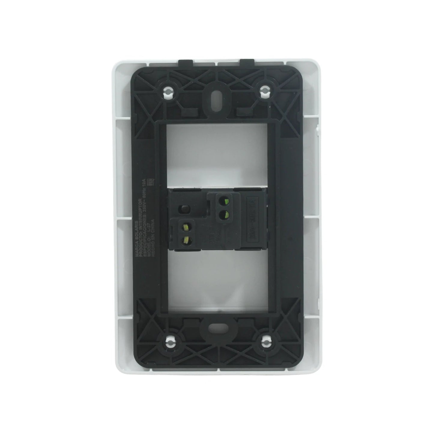 Placa para interruptor eléctrico Solaris modelo L27 blanca, vista trasera con especificaciones 250V 10A