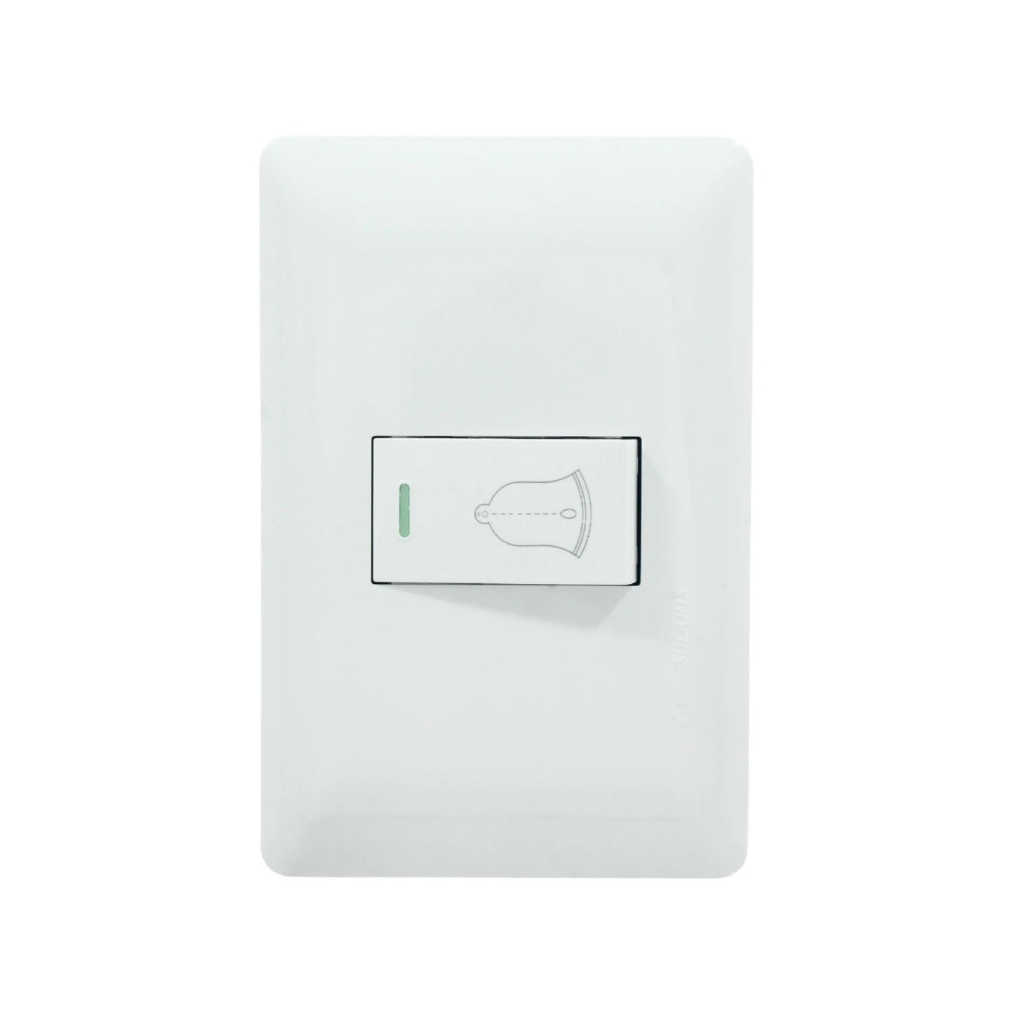 Botón pulsador blanco de timbre, placa eléctrica Solaris para instalación mural.