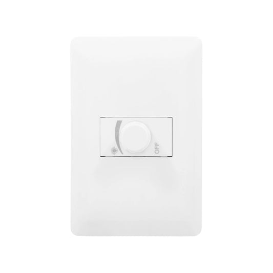 Dimmer de luz rotatorio blanco con placa, control de intensidad y apagado, para iluminación del hogar.