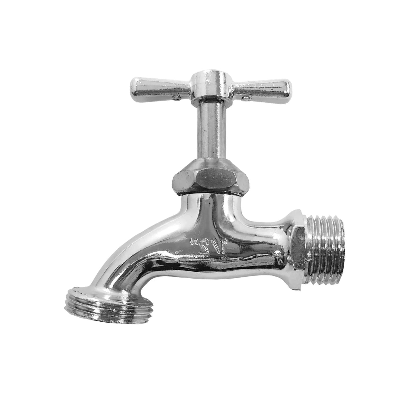 Llave de nariz cromada de 1/2" con mango de cruz y rosca para manguera, uso en jardín o exterior