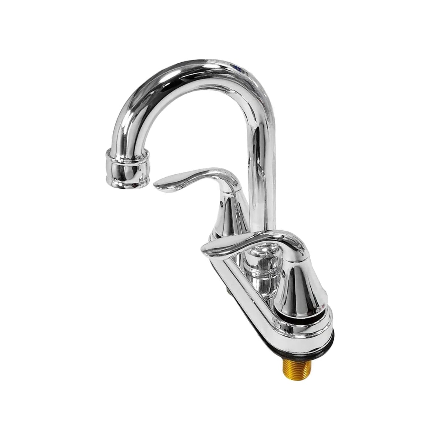 Mezcladora de lavabo cromada con cuello de ganso y dos manerales de palanca para baño