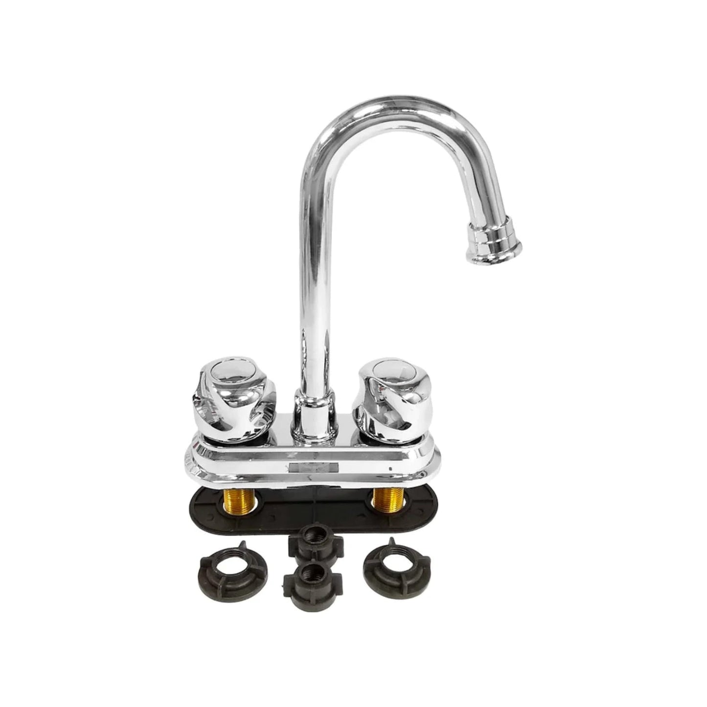 Mezcladora de lavabo 4" cromada, doble manija, caño alto curvo, incluye herrajes de montaje