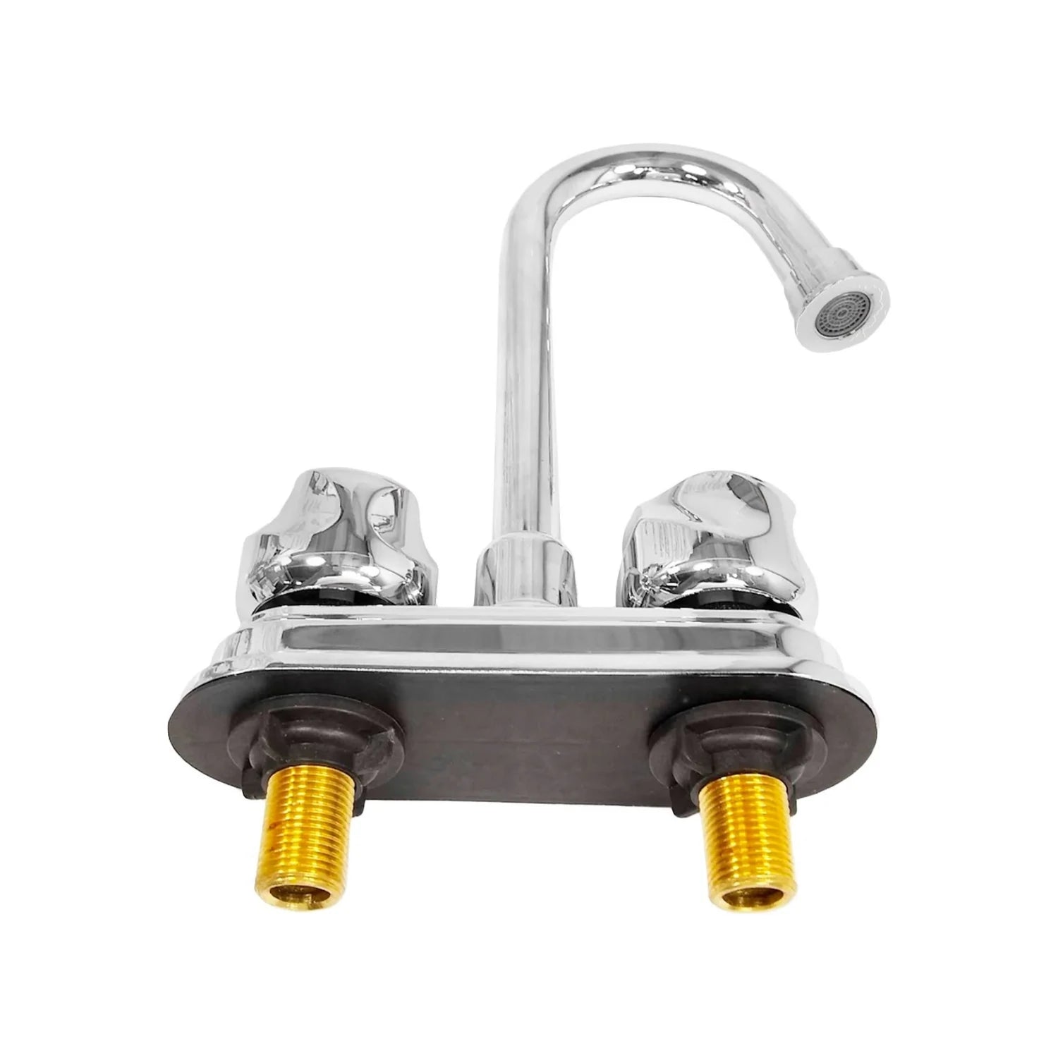 Mezcladora de lavabo cromada 4 pulgadas con dos manerales, cuello de ganso y aireador integrado