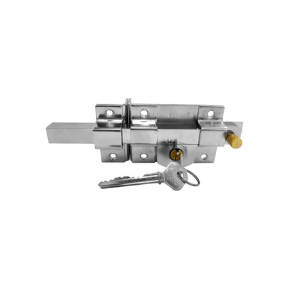 Cerradura de barra fija Austral cromada con llave de seguridad, ideal para puertas y portones.