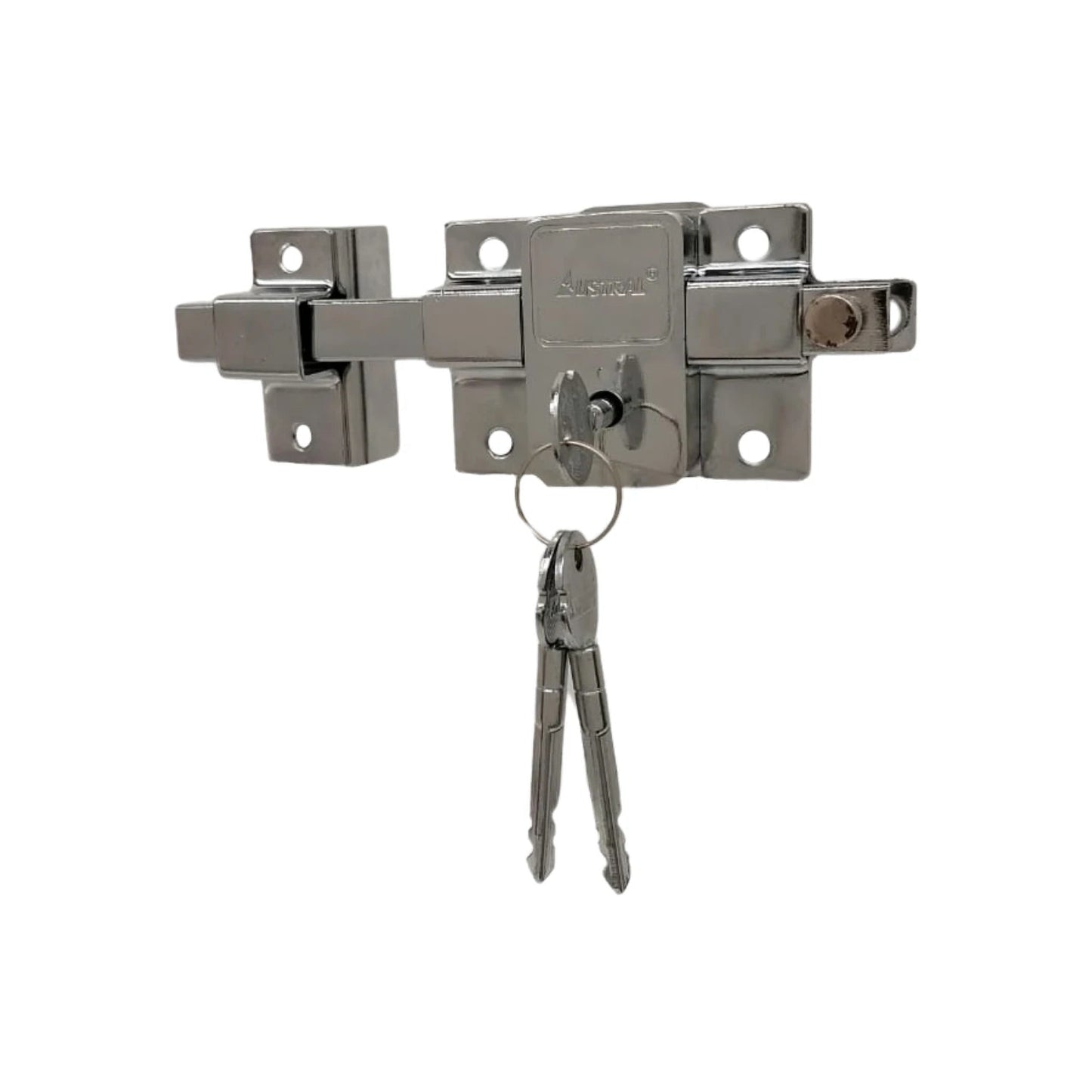 Cerrojo sobrepuesto Austral cromado con perno deslizante de seguridad y dos llaves, ideal para puertas y portones.