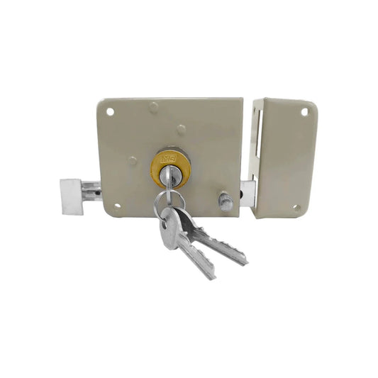 Cerradura de sobreponer Mg beige con cilindro de seguridad y dos llaves. Ideal para puertas de madera o metal.