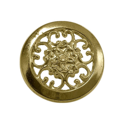 Jaladera circular calada de latón brillante, diseño ornamental con patrón floral y volutas