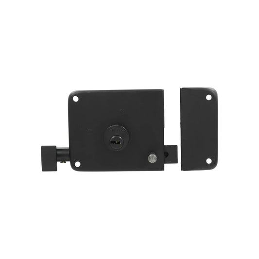 Cerradura de sobreponer derecha negra mate con pestillo de seguridad y bocallave para puertas.