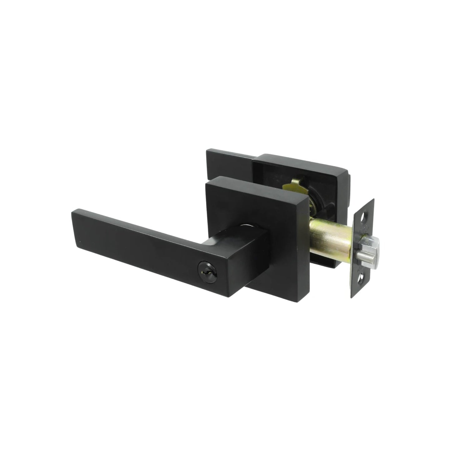 Chapa de palanca negra mate para puerta, con roseta cuadrada, ideal para entrada principal o recámara.
