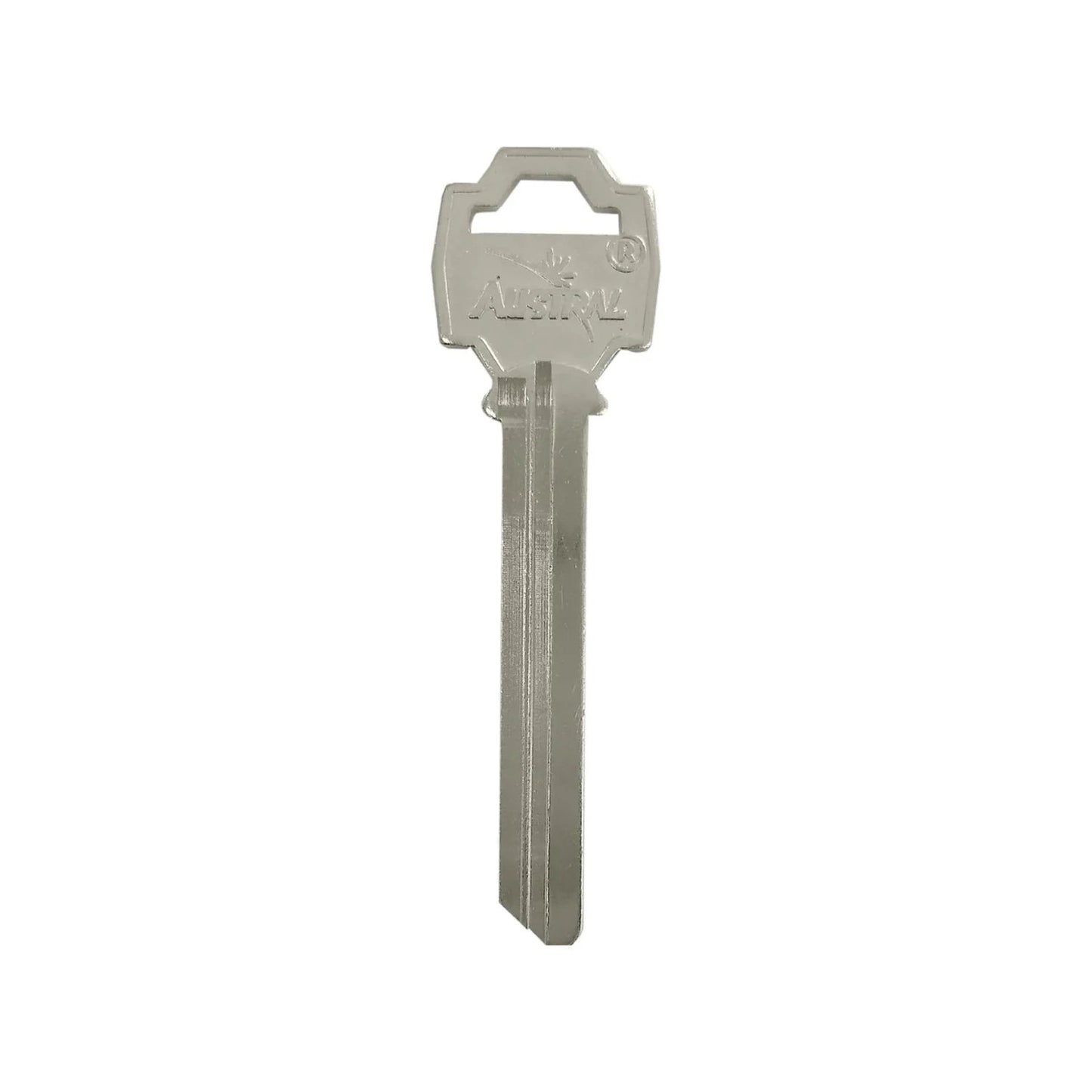 Forja de llave virgen ASTRAL niquelada para duplicado de seguridad, material metálico brillante.