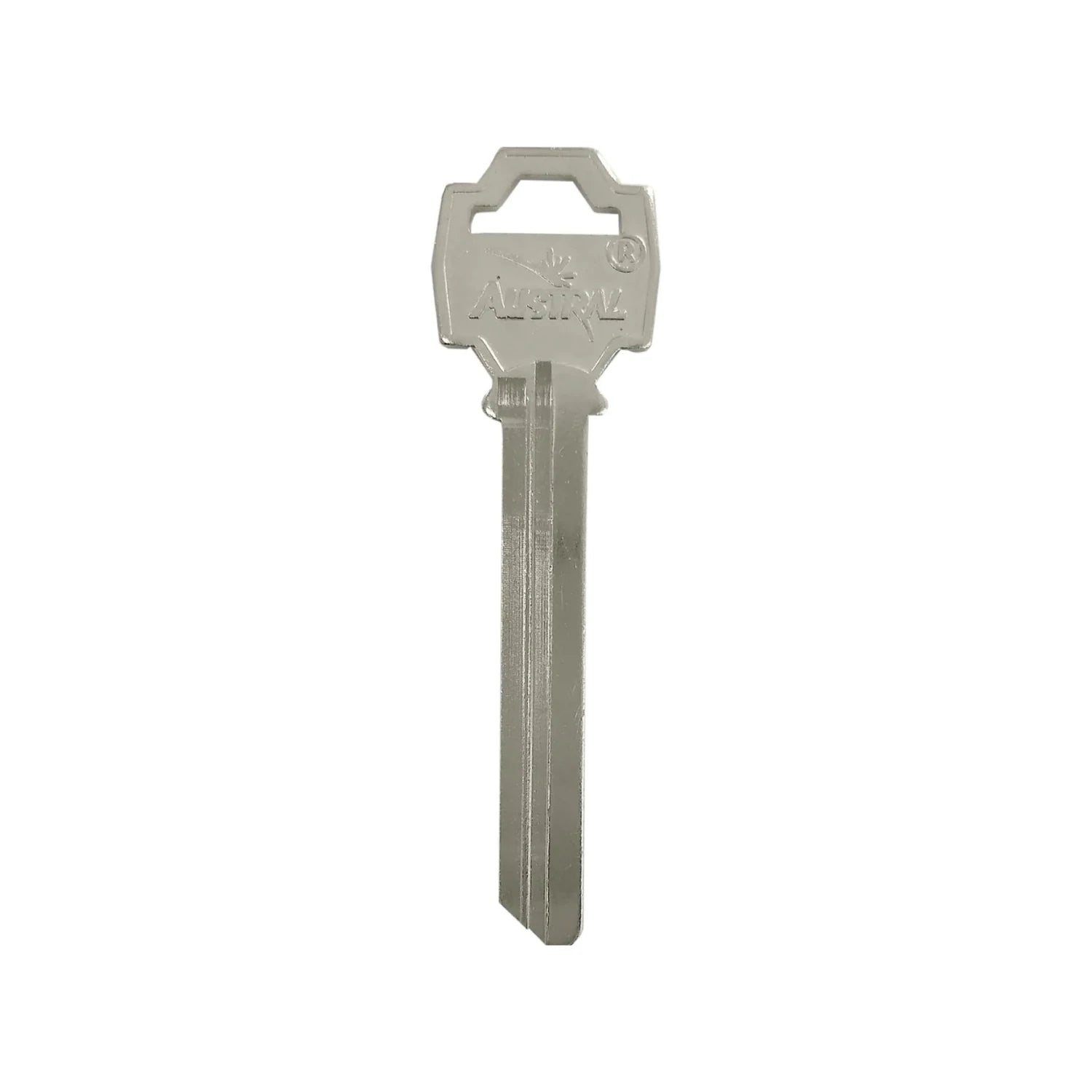Forja de llave virgen ASTRAL niquelada para duplicado de seguridad, material metálico brillante.