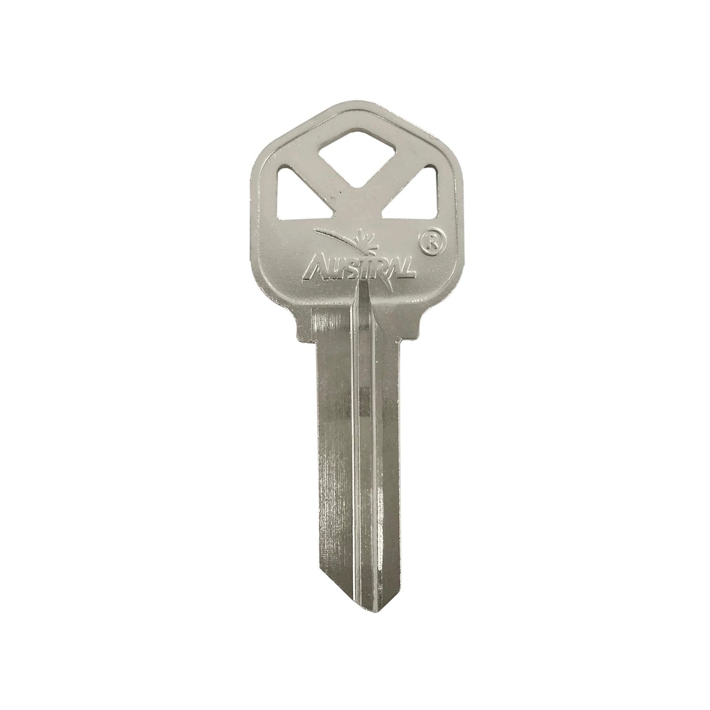 Forja llave niquelada AUSTRAL con diseño de cabeza moderna, para cerrajería y duplicado seguro.